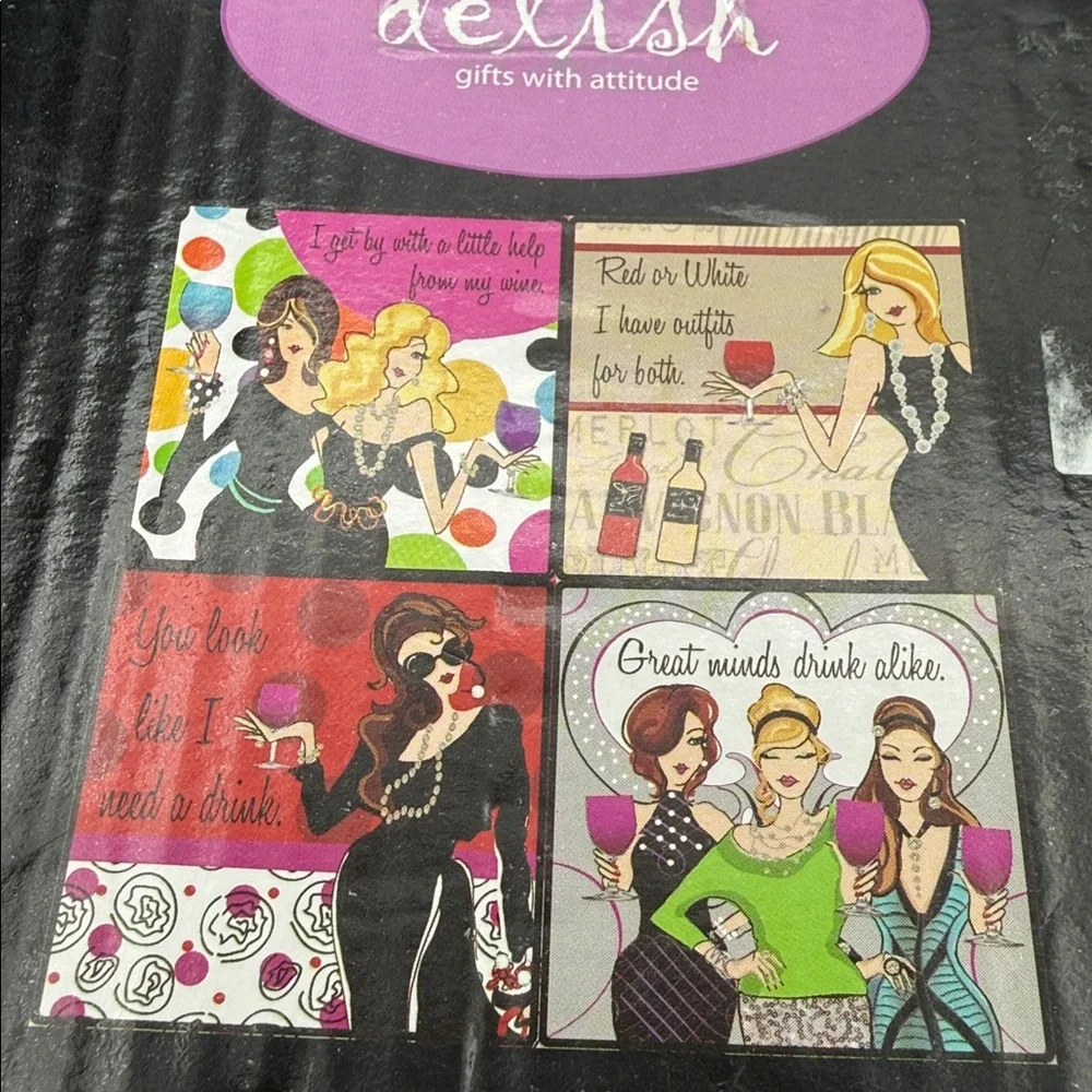 Delish set of 4 glass coaster w/ wooden caddy gifts w/ attitude